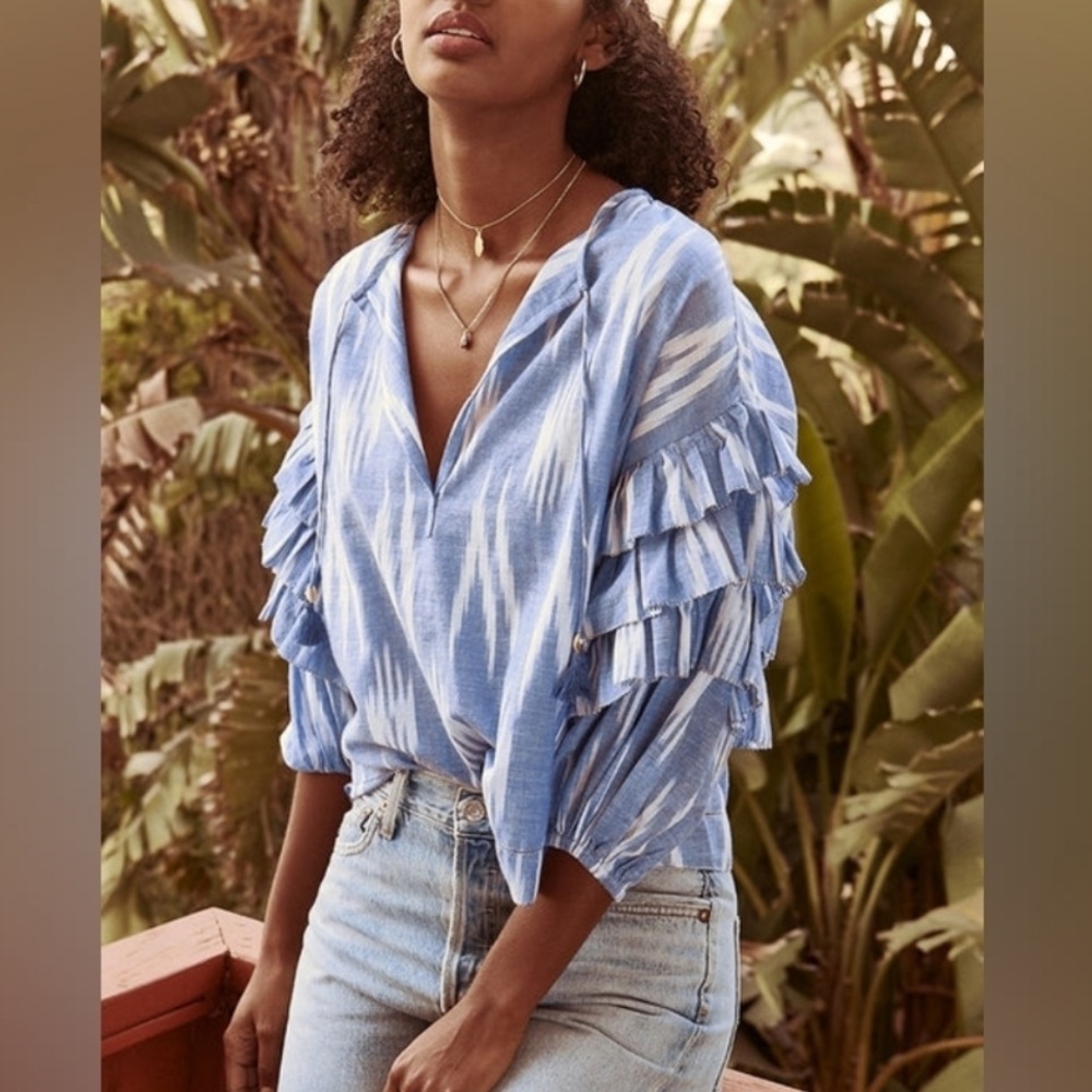 SAYLOR Sommer Top Cotton Ruffle Layered Sleeve Blouse Blue Small